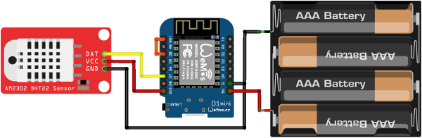 A breadboard diagram with the ESP8266 board and DHT11 board