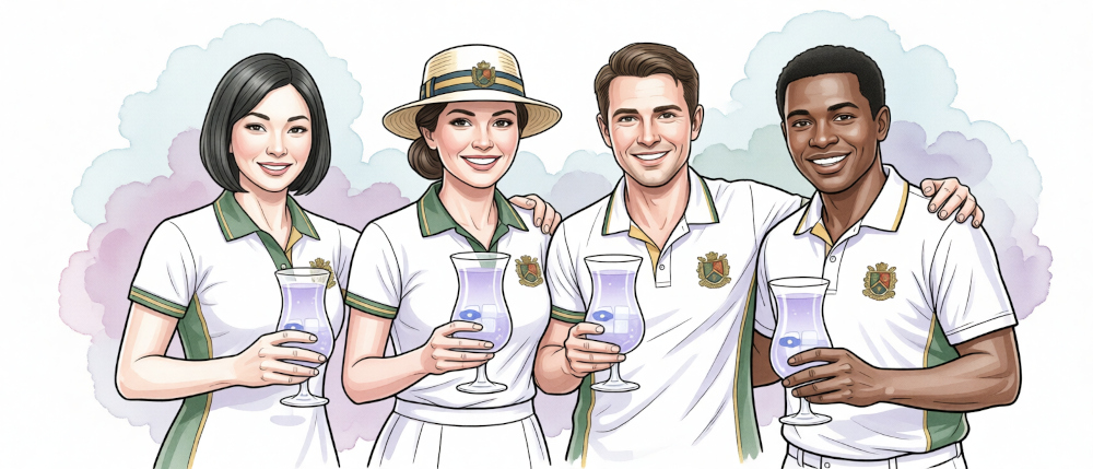 The team captain and a few of her teammates in their bowls whites, standing together and posing with their mocktails.