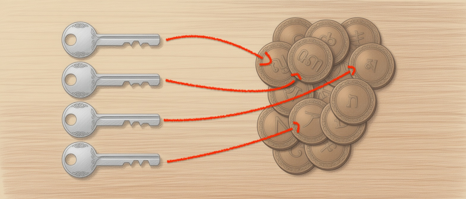 Drawing of a table surface. On the left are four keys neatly organised vertically. On the right is a pile of ~15 bronze tokens, each with a unique design.