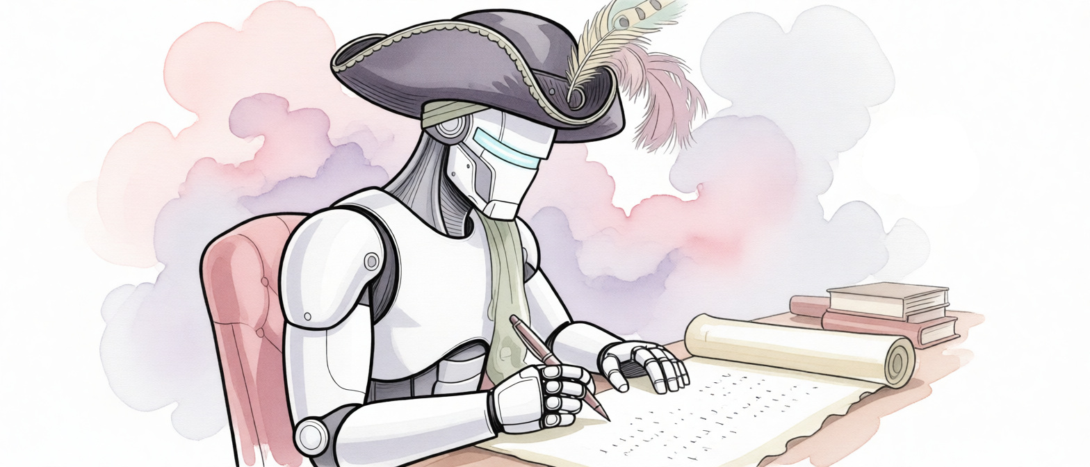 Drawing of a humanoid android sitting at a wooden writer's desk in a medieval castle. The android is holding a pen and writing on a scroll of parchment on the table, and wearing an elaborate tricorne hat