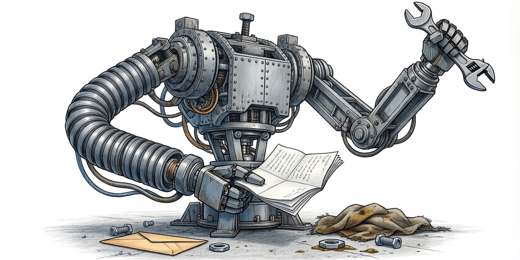 Drawing of a partially-built floor-mounted industrial robot with two arms, holding a specification letter in one arm and a spanner in the other.