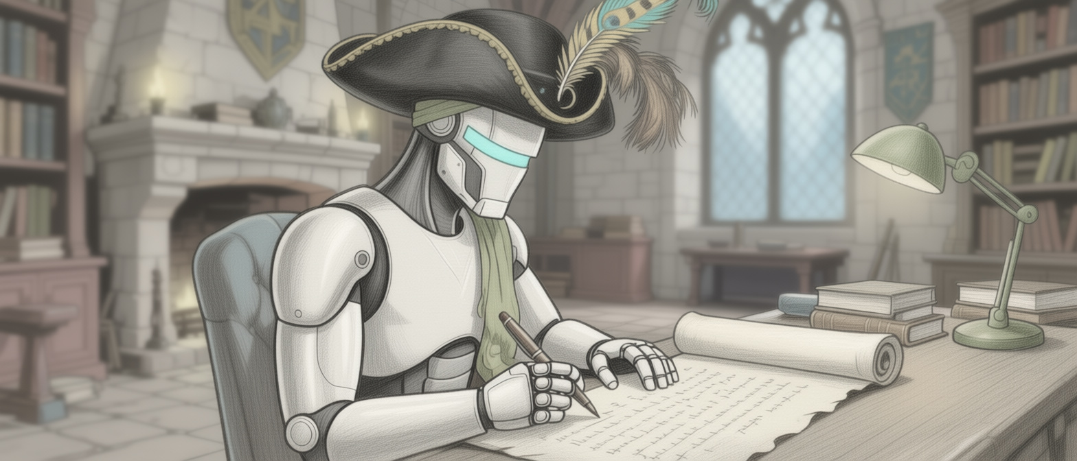 Drawing of a humanoid android sitting at a wooden writer's desk in a medieval castle. The android is holding a pen and writing on a scroll of parchment on the table, and wearing an elaborate tricorne hat