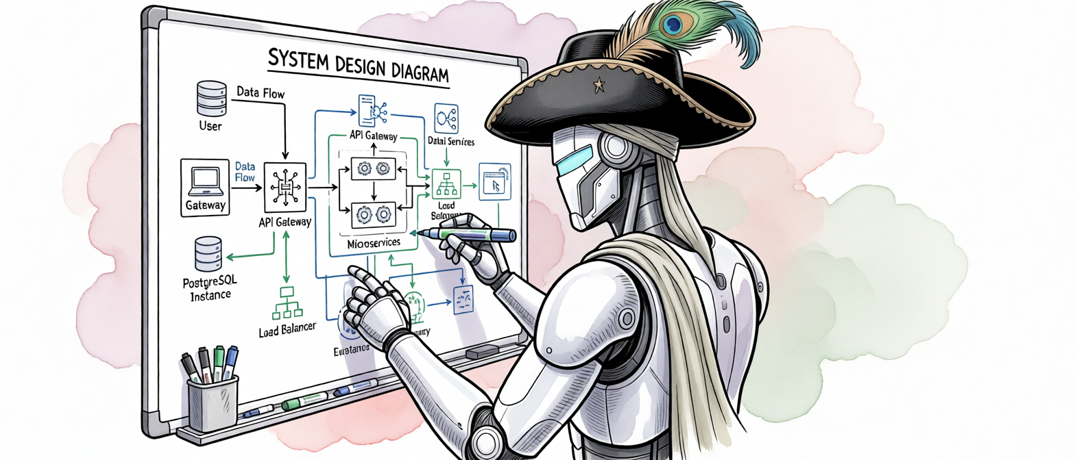 A humanoid android facing a whiteboard. The whiteboard shows a complicated system design diagram. The android is wearing a fancy hat and a holding a whiteboard marker in one hand.