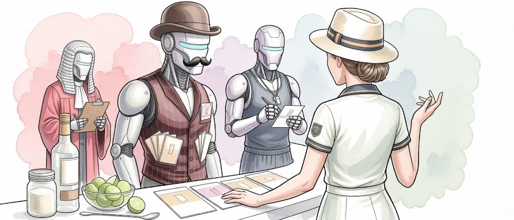 A cartoon of a woman in a lawn bowls uniform at a bar. Behind the bar stand three androids: a bartender with mocktail trading cards in its pockets, a gym coach writing on a sheet of paper, and a judge in a wig and gown holding a scorecard on a clipboard.