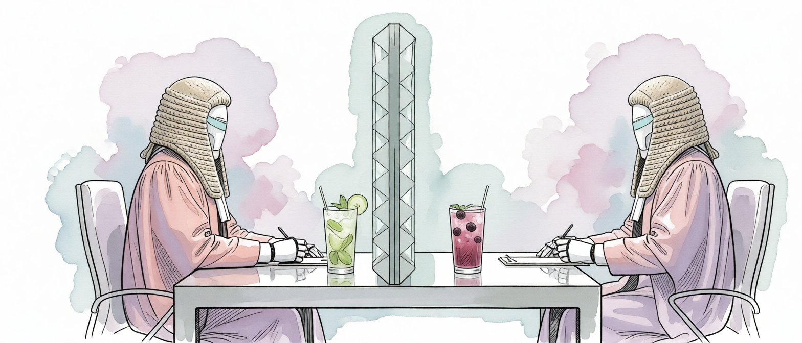 Two android judges in powdered wigs and robes sit at opposite ends of a table, each writing a scorecard. A glass partition down the middle of the table separates a green mocktail on one side from a berry mocktail on the other.