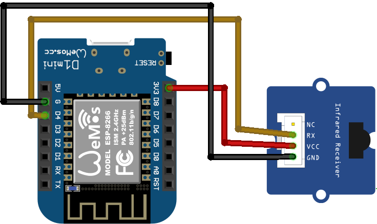 A breadboard diagram showing an ESP8266 connected to an infrared receiver module