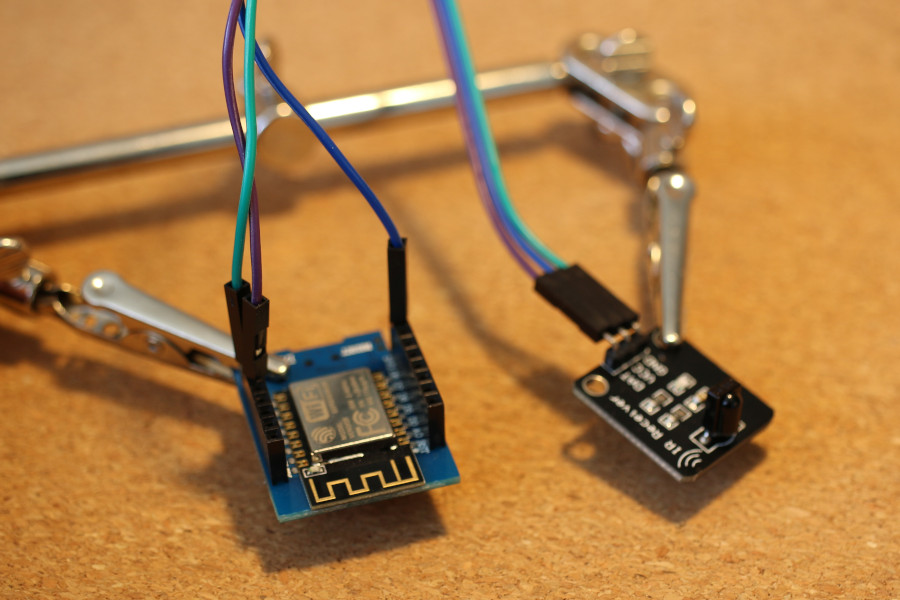 An ESP8266 wired up to an infrared receiver module