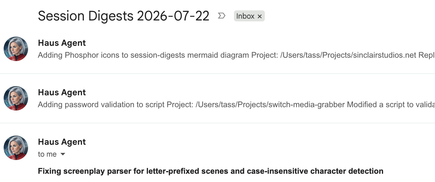 Screenshot of an email thread in a Gmail inbox. Multiple emails in the thread 'Session digests 2026-07-22' are from 'Haus Agent', with a brief summary about different project work.