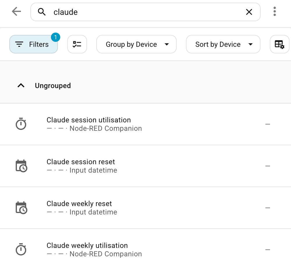 Screenshot of Home Assistant entities view filtered for 'Claude', showing two sensor entities and two datetime entities.