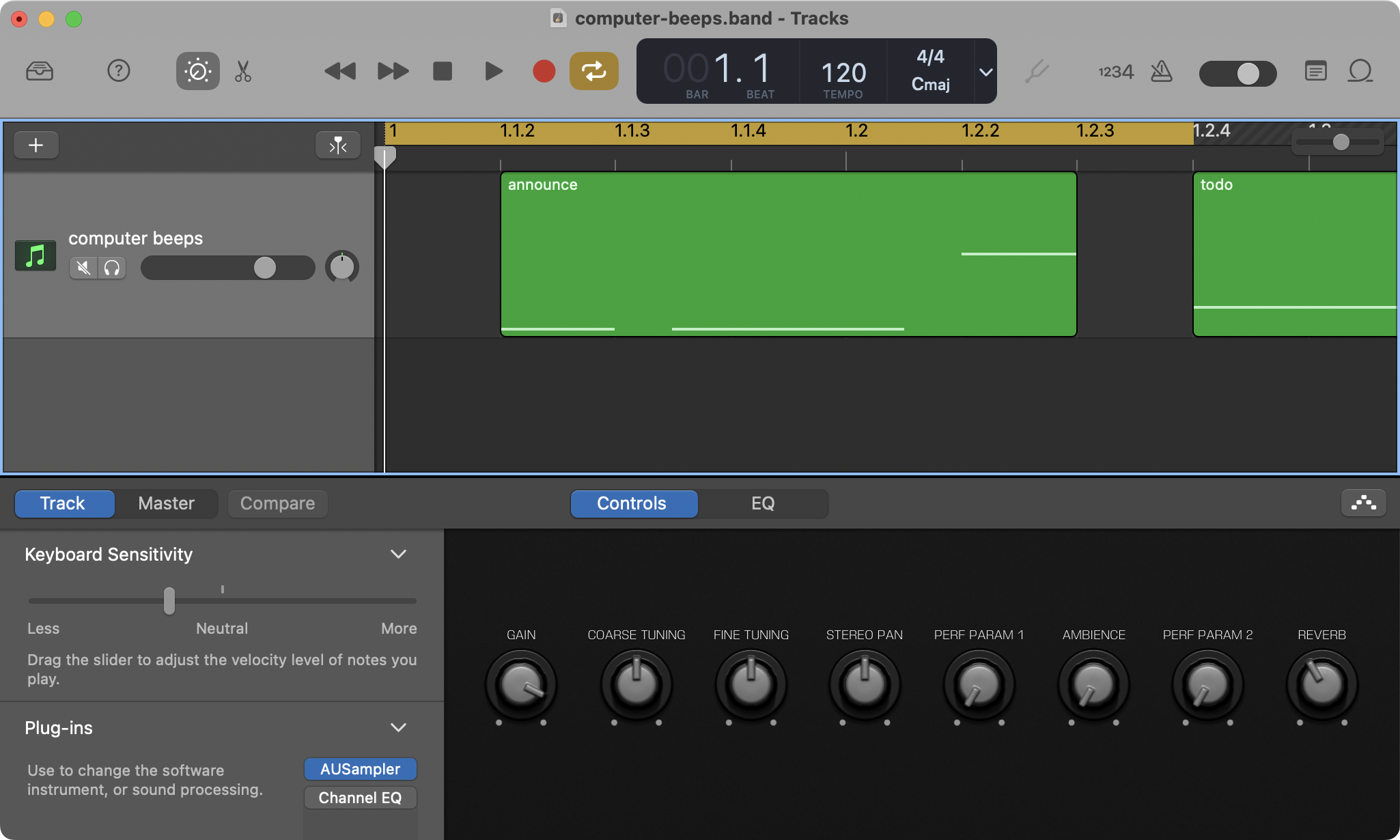 Garageband window, showing notes played using a sampler instrument